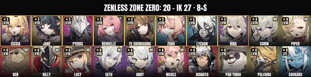 Remielle • Cissia • Ye Shunguang • Zhao • Jane • Pyrois • Lycaon • Rina • IK 27 • 21 agents • 8 Legendary