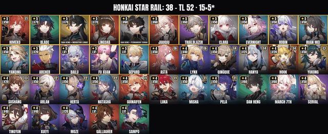 Dan Heng • Imbibitor Lunae • Lingsha • Blade • Jiaoqiu • TL 52 • 38 characters • 15 Legendaries, Server: Europe