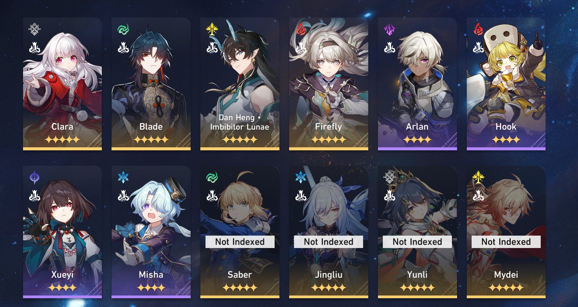 Devourer of the Moon E2 • Aventurine E2 • Sunday E1 • Zaryanka E1 • Ruan Mei E1 • Jing Yuan E1 • Darkness E1 • Castorice E1 • Account level 70, Server: Europe