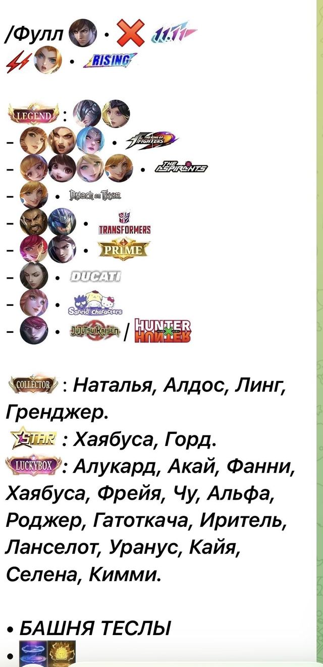 Full Gossen • JJk Julian • Kurapika • Legendary Alpha Luna • Ducati Benya • KOF 2 • AOT Fanny • Aspirant 4