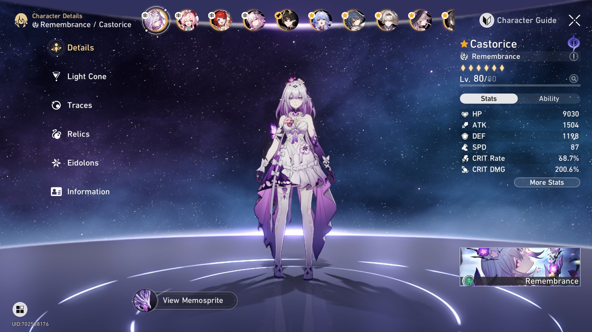 Evnessia • Silver Wolf E1 • Yao Guang • Dailia • Kirena • Castorice • March 7th • Tribbie • Hyacine • Sunday • Acheron • Robin • Yunli E1 • Sparkle E1 • Firefly • Ruan Mei E1 • Herta • Kafka • Huohuo E1 • Luocha • Fu Xuan • SV • Zelia E1 • Jingliu • Saber • Archer • Dan Heng, Server: Europe