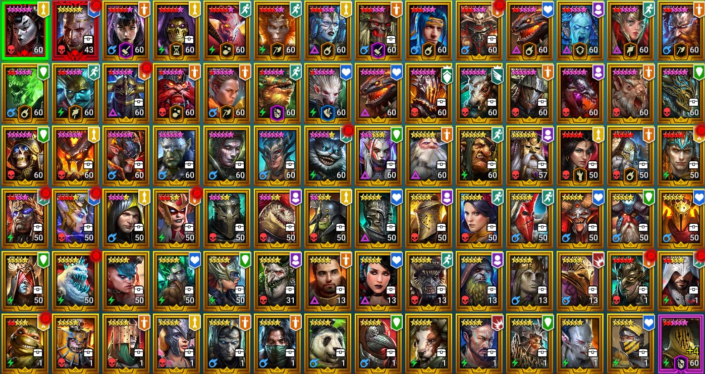 Embrys • Mikage • Siphi • Sulfuryion (2) • Gnishak • Cheshire Cat • 6,2M power • Many Legendaries and Top Epics