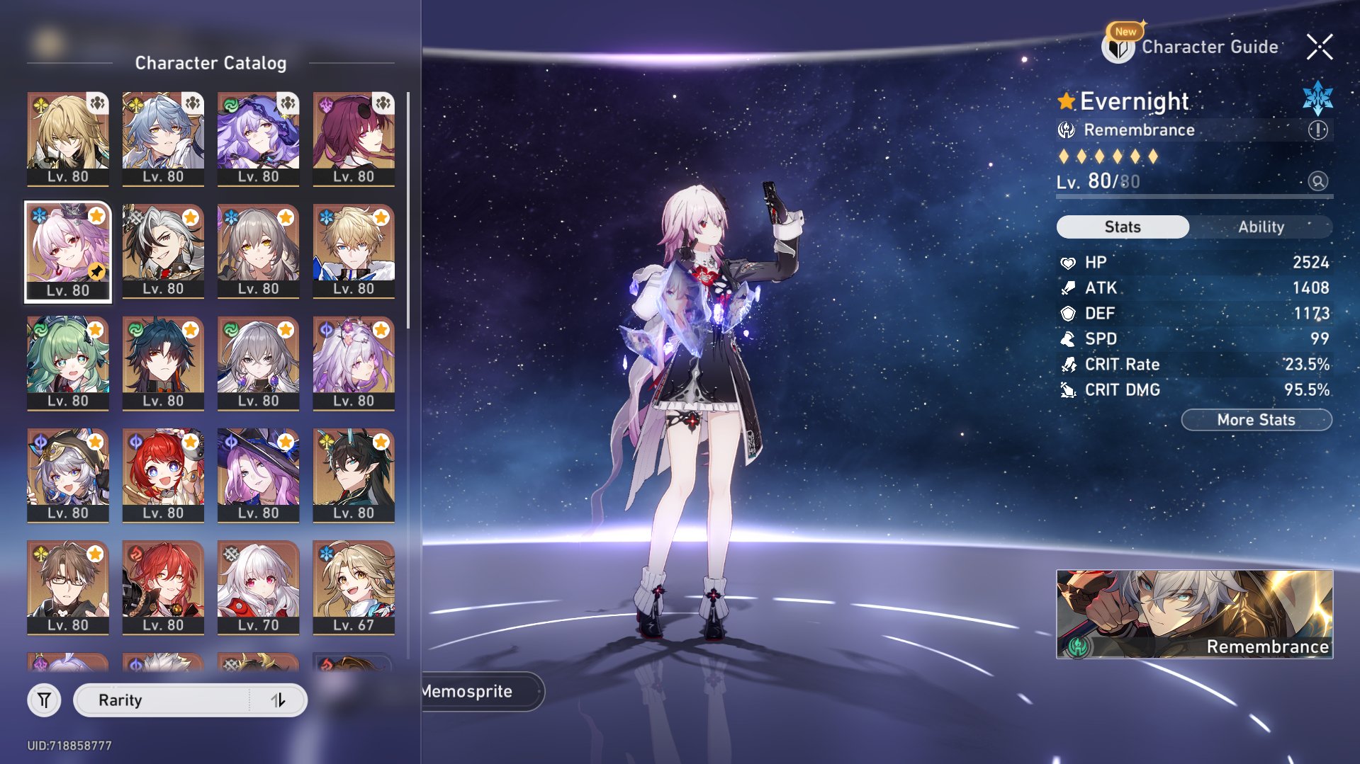 Evernight • Castorice • Jade • Cipher • AR 70 • 45 chars • 23 Legendaries, Server: Europe