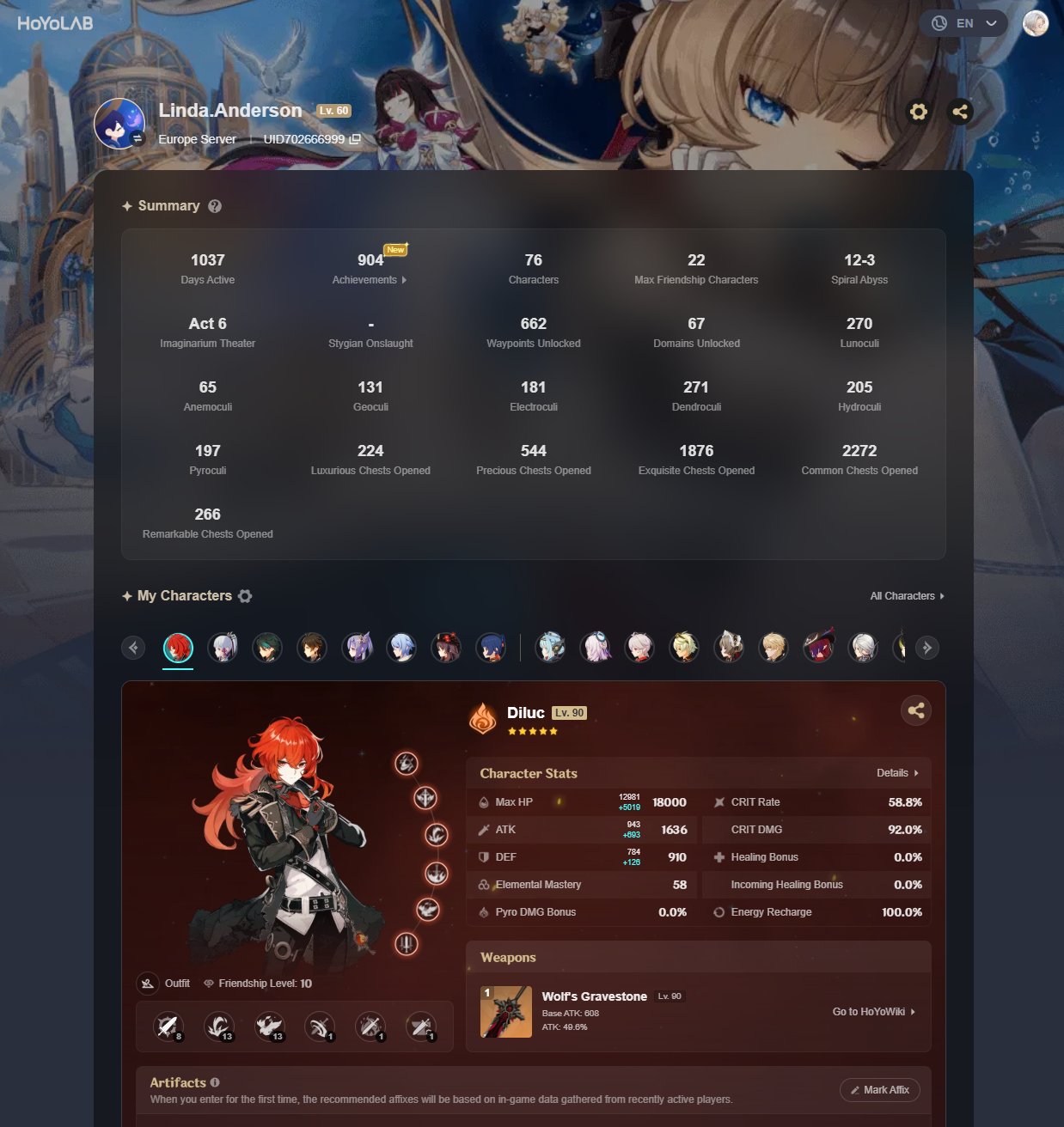 Diluc • Hu Tao • Ayaka • Ganyu • Xiao • AR60 • Legs63, Server: Europe