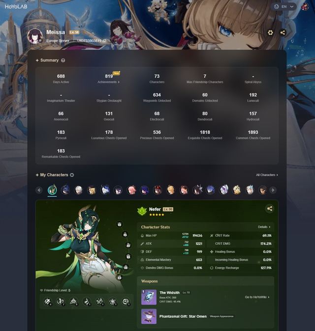 Nefer • Clorinde • Arlecchino • Navia • Furina • Yelan • Yae Miko • AR58 • 32 Legs, Server: Europe